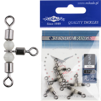 Тройной роликовый вертлюг Mikado № 7*8 BN с бусинами (р.н. до 19кг./упак.=5шт.) (AMA-A3701-7-8)