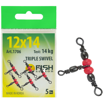 Вертлюжок Fish Season на три направления, красная бусина №12х14 (14 кг) (5 шт.)