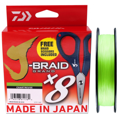 Леска плетеная и ножницы Daiwa J-Braid Grand X8E-W/SC 135M Chartreuse 0.16mm