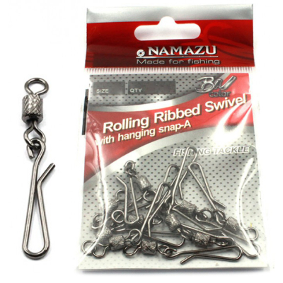 Вертлюг с форелевой застежкой Namazu Rolling Ribbed Swivel With Hanging Snap-A, цв. BN, р. 8, test-12 кг