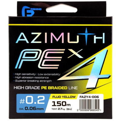 Шнур F-Fishing Azimuth PE X4 Fluo Yellow 150m 0,16мм 9,1кг/20lb