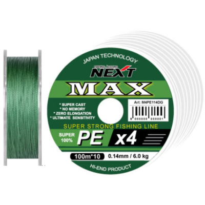 Шнур Next MAX PEx4 1000m (10*100m соединенные) темно-зеленый 0.16mm, 7.5kg