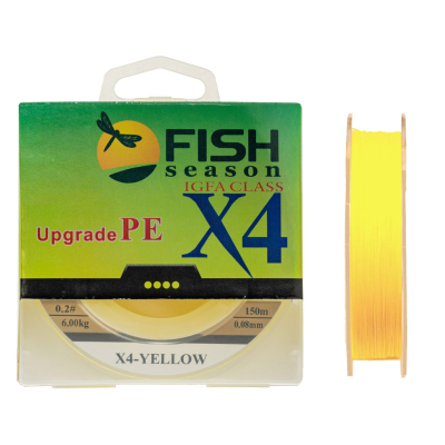 Плетёный шнур Fish Season из 4-х нитей, жёлтый 150м - 0.05мм, 2кг