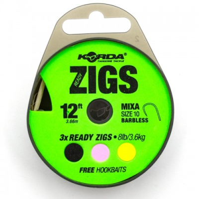 Поводок готовый Korda Ready Zigs Barbless 12' 360см №10 3шт безбородый KCR069