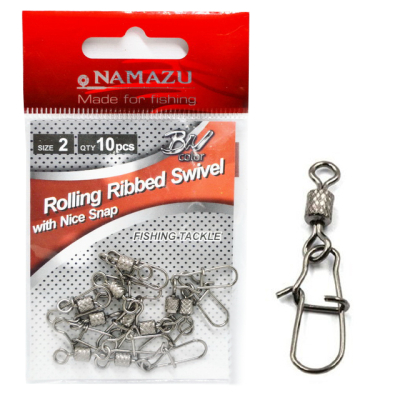 Вертлюг с застежкой Namazu Rolling Ribbed Swivel With Nice Snap, цв. BN, р. 10, test-13 кг, катаный