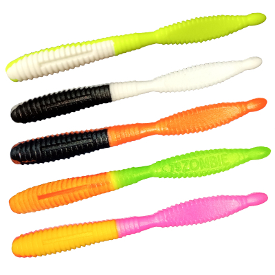 Силиконовая приманка Zombie ZWorm (Червь) цвет mix5x2 (white/lemon#01/03, black/white#02/01, black/orange#02/04, orange/chartreuse#04/13)