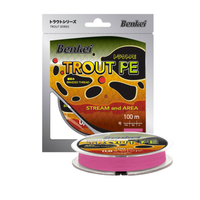 Шнур Benkei Trout PE розовый fluo 100m #0,5 (0,117mm), 3,6kg