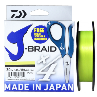 Леска плетеная и ножницы Daiwa J-Braid X4E-W/SC 135m желтый 0.07mm