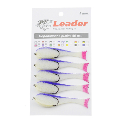 Рыбка поролоновая Leader оснащенная на двойнике 65 мм. Цвет 02 упак. 5 шт.