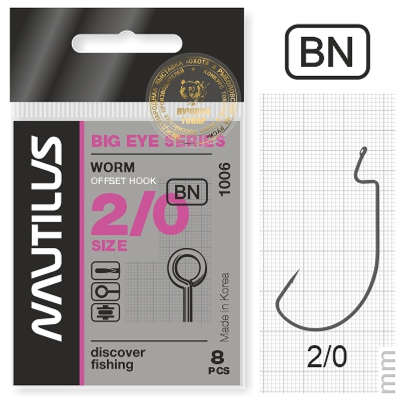 Крючок офсетный Nautilus Offset Big Eye Series Worm 1006 №2/0