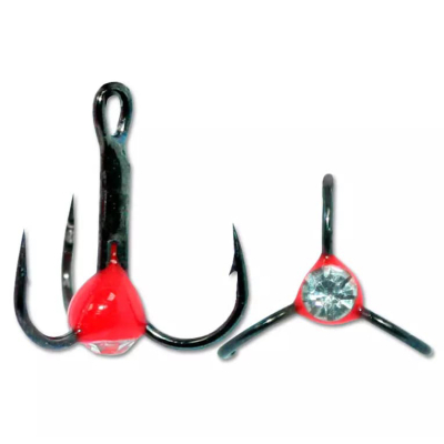 Крючок Тройник "Капля" Vido Craft №8, цвет 10 красный+белый страз, VD-092C (BN), 10 шт/уп