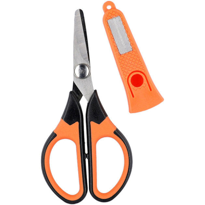 Ножницы для плетёнки Mikado Territory Braid Blades With Sharperer в чехле с точилкой, чёрно-оранж. (AMC-005)