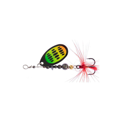 Блесна вращающаяся Mikado Hypnotic №2 - FIRETIGER (4,3г.; тройник BKK) с красной кисточкой