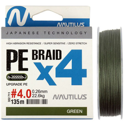 Шнур Nautilus Braid X4 Green 135м d-0.22 18.1кг 3.0PE