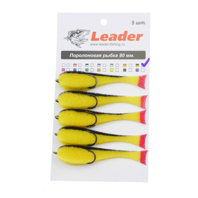 Рыбка поролоновая Leader оснащенная на двойнике 80 мм. Желто/черная 5шт.