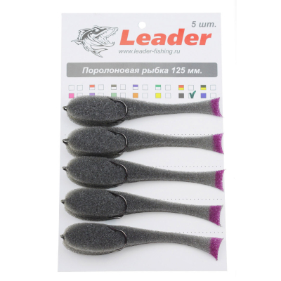 Рыбка поролоновая Leader оснащенная на двойнике 125 мм. Черная 5шт.