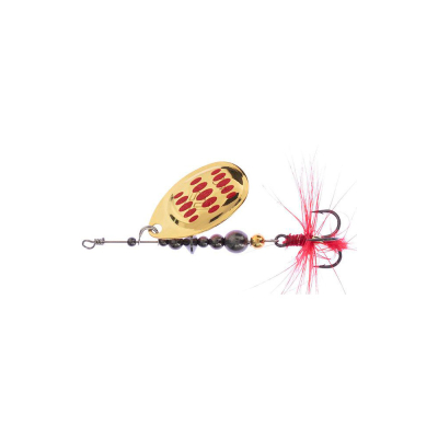Блесна вращающаяся Mikado Hypnotic №2 - GOLDEN RED (4,3г.; тройник BKK) с красной кисточкой
