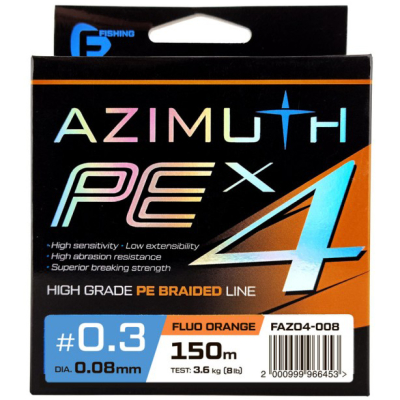 Шнур F-Fishing Azimuth PE X4 Orange 150m 0,08мм 3,6кг/8lb