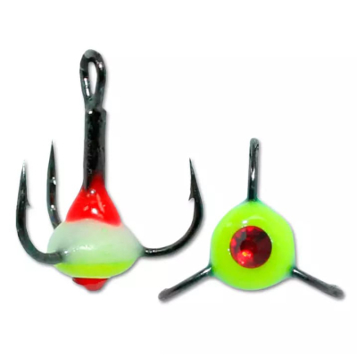 Крючок Тройник "Капля" Vido Craft №6, цвет 34 красно-люминисцентно-желтый+красный страз, VD-092C (BN)