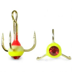 Крючки ''Тройник ''Капля'' №8, Золото, цвет 34 красно-люминисцентно-желтый+красный страз, VD-092C (BN)", 10 шт/уп