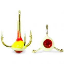 Крючки ''Тройник ''Капля'' №8, Золото, цвет 36 красно-желто-люминисцентный+красный страз, VD-092C (BN)", 10 шт/уп