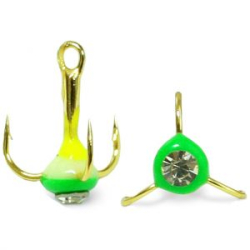 Крючки ''Тройник ''Капля'' №6, Золото, цвет 39 желто-люминисцентно-зеленый+белый страз, VD-092C (BN)'', 10 шт/уп