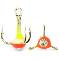 Крючки ''Тройник ''Капля'' №6, Золото, цвет 35 желто-люминисцентно-оранжевый+белый страз, VD-092C (BN)'', 10 шт/уп
