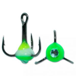 Крючок Тройник "Капля" Vido Craft №4, цвет 39 желто-люминисцентно-зеленый+белый страз, VD-092C (BN)