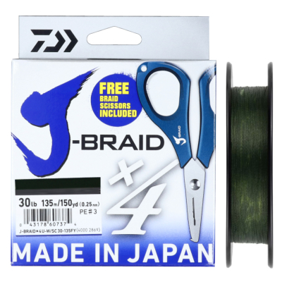 Леска плетеная и ножницы Daiwa J-Braid X4E-W/SC 135m зеленый 0.07mm