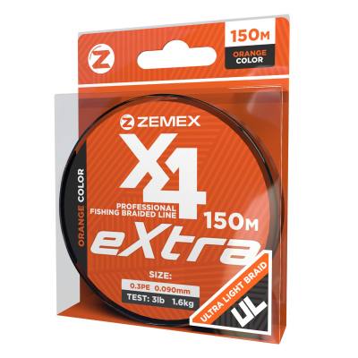 Плетеный шнур ZEMEX EXTRA X4 150 m, # 0.3 PE, d 0.09 mm, orange