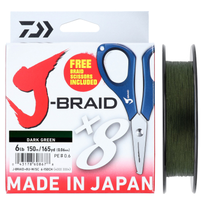 Леска плетеная и ножницы Daiwa J-Braid X8E-W/SC 150m зеленый 0.18mm