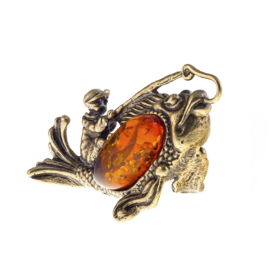 Фигурка "Рыбак с рыбкой"  (латунь/коньячный янтарь)