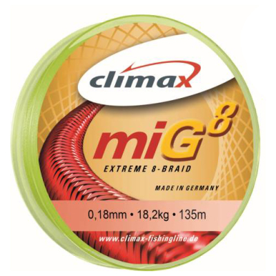 Плетёный шнур Climax miG8 Extreme Braid 135м 0.12мм 9.5кг/20lb (флуоресцентный жёлтый)