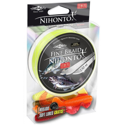 Плетеный шнур Mikado Nihonto Fine Braid Fluo 150м 0,14мм - 9,70кг (+силиконовые приманки)