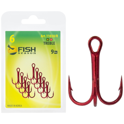 Крючок тройной Fish Season Treble с круглым поддевом, №8, покрытие RED (уп. 9 шт.)
