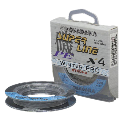 Леска плетеная зимняя Kosadaka Super Line PE X4 Winter Pro 50м светло-серый 0,18мм, 12,9кг BSLX