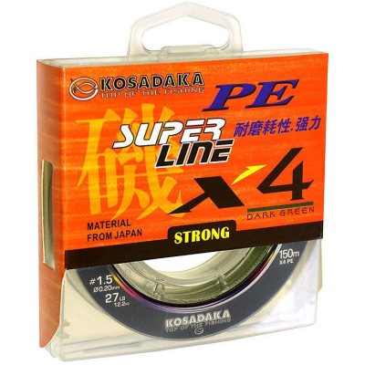 Леска плетеная Kosadaka Super PE X4 150м Dark Green 0,20мм, 12,2кг BSLX4-DG-020-150