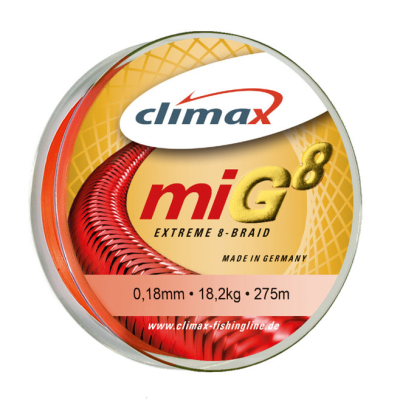 Плетёный шнур Climax miG8 Extreme Braid 275м 0.16мм 15.9кг/35lb (флуоресцентный оранжевый)