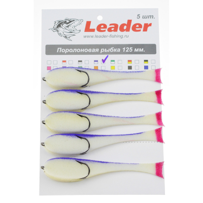 Рыбка поролоновая Leader оснащенная на двойнике 125 мм. Бело/синяя