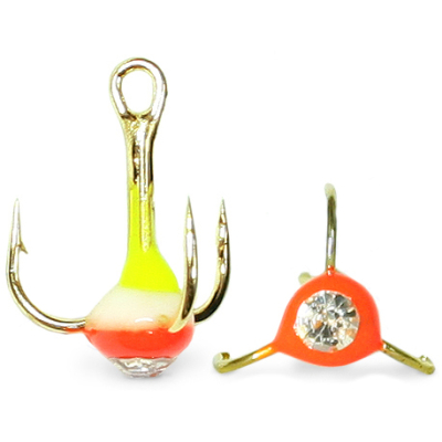 Крючки ''Тройник ''Капля'' №8, Золото, цвет 35 желто-люминисцентно-оранжевый+белый страз, VD-092C (BN)", 10 шт/уп