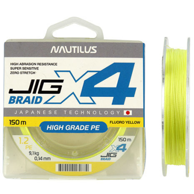 Шнур Nautilus X4 Jig Braid Fluoro Yellow 150м d-0.26мм 22.6кг 4,0PE
