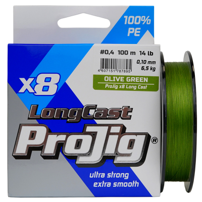 Шнур ProJig X8 Long Cast 100м хаки 0,18мм, 14,0кг