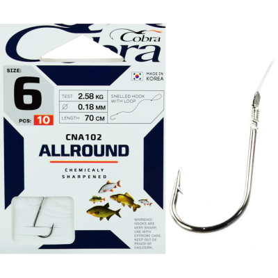 Крючки с поводком Cobra ALLROUND 70cm, 0,18mm, разм.6, 10шт.
