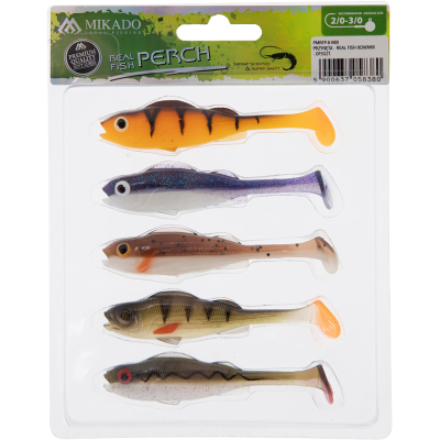 Силиконовая приманка Окунь Mikado Real Fish 8cm цвет PERCH, ассорти. ( 5шт.) креветка (PMRFP-8-MIX)