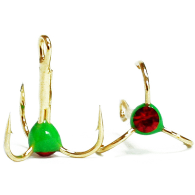 Крючки ''Тройник ''Капля'' №8, Золото, цвет 20 зеленый+красный страз, VD-092C (BN)'', 10 шт/уп