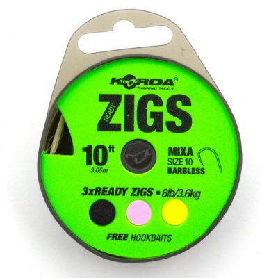 Поводок готовый Korda Ready Zigs Barbless 10' 300см №10 3шт безбородый KCR068