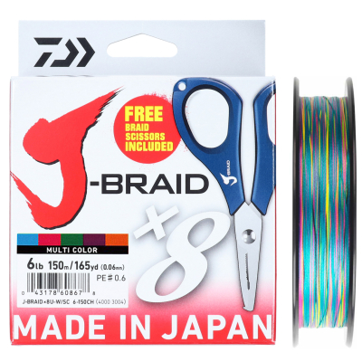 Леска плетеная и ножницы Daiwa J-Braid X8E-W/SC 150m многоцветный 0.18mm