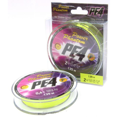Шнур Power Phantom PE4, 135м, флуоресцентный желтый #3, 0,27мм, 16,3кг
